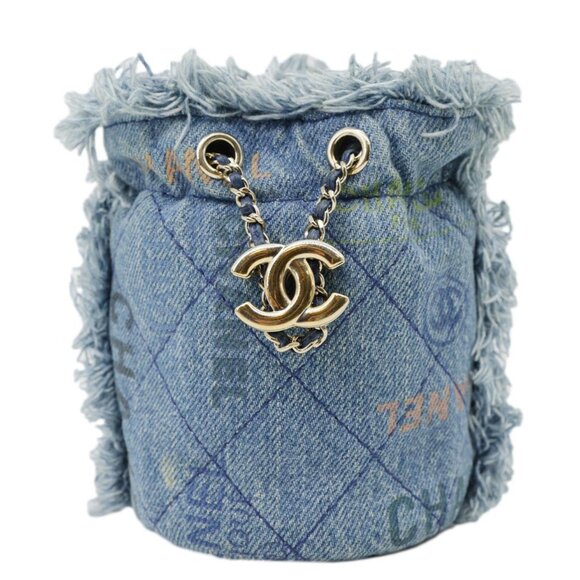 Chanel  Mood Logo Printed Quilted Denim Chain Bucket Bag Blue - Picture 4 of 15